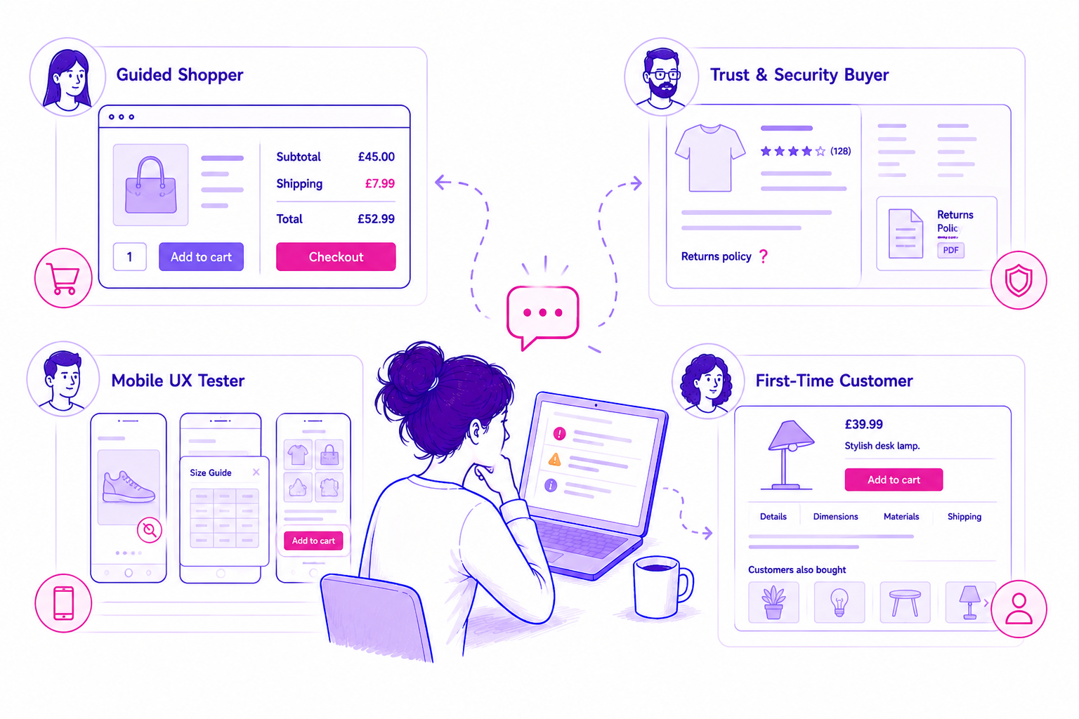 PersonaQA e-commerce feedback report showing shopper journey analysis, trust signals, mobile usability, and conversion friction points