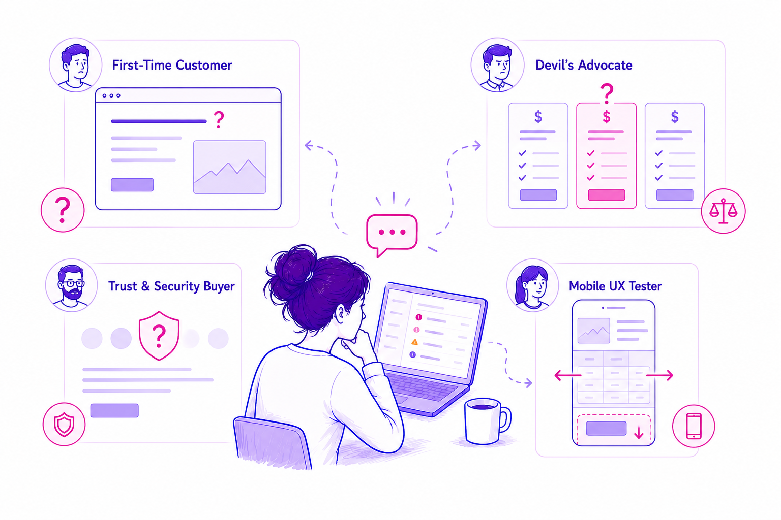PersonaQA honest feedback report showing real visitor perspectives, trust issues, clarity problems, and mobile usability findings