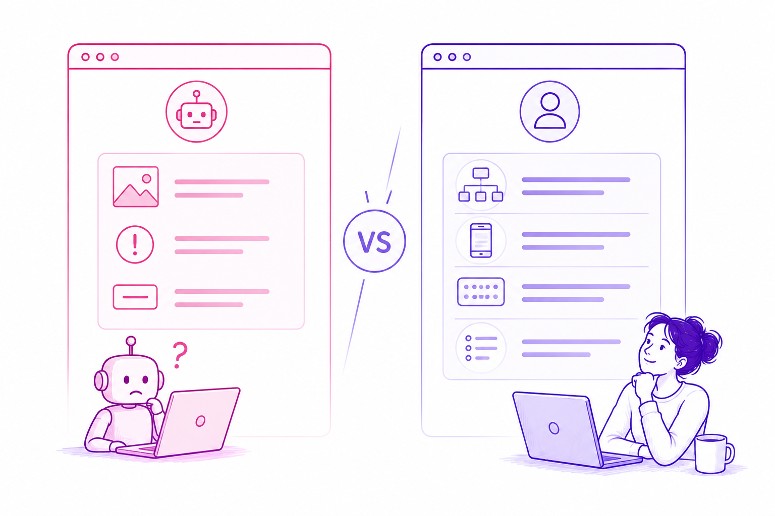 Side-by-side comparison — automated scanner output vs PersonaQA qualitative feedback